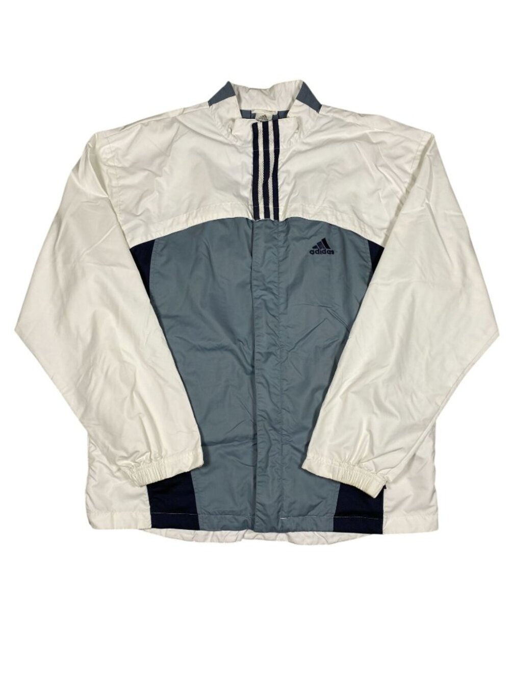 Adidas Mens Vintage Full-Zip Windbreaker Jacket M Cream Blue Striped Light Nylon